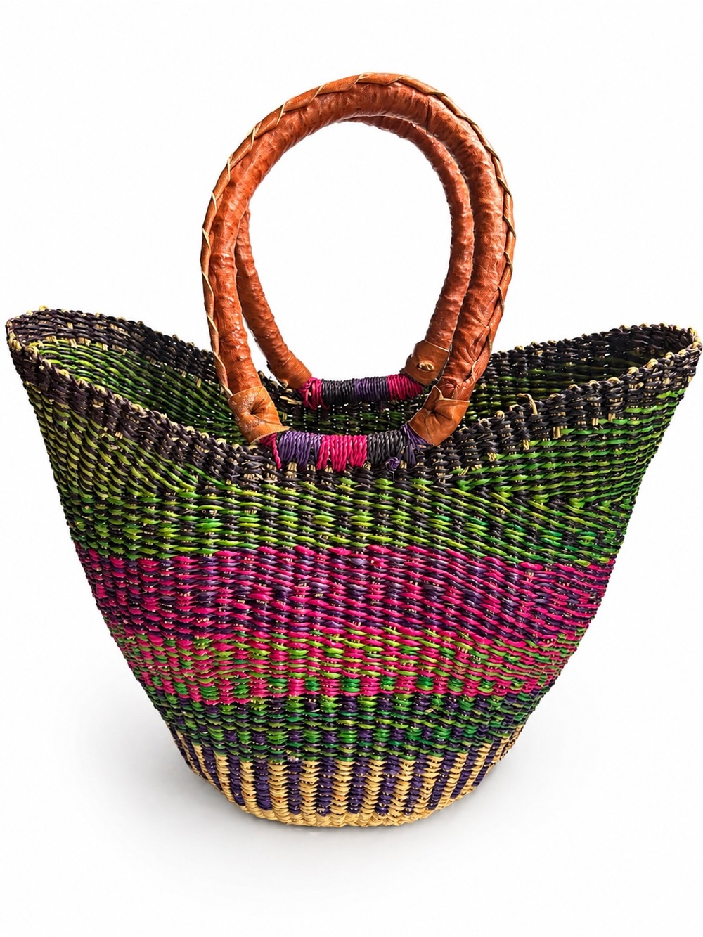 Handmade Multicolor Woven Basket Tote Boho Artisan Bag